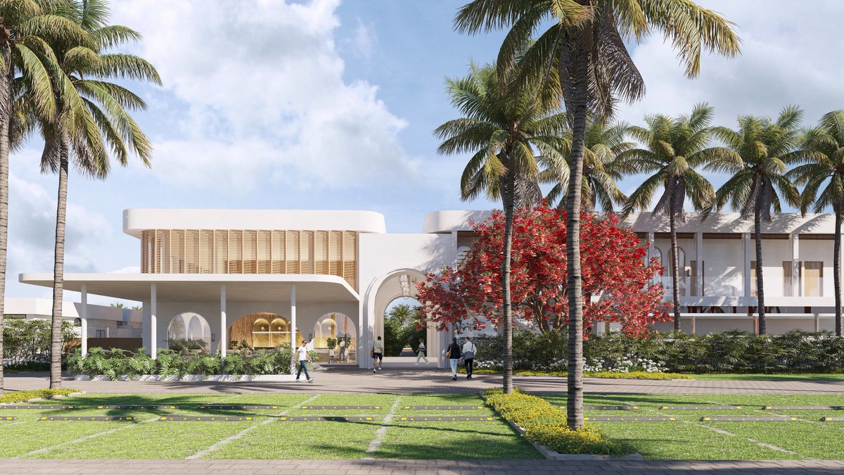 Arrival building at Cora Beach Resort — white canopy with curved openings, timber-screened upper level, lawn forecourt with palms