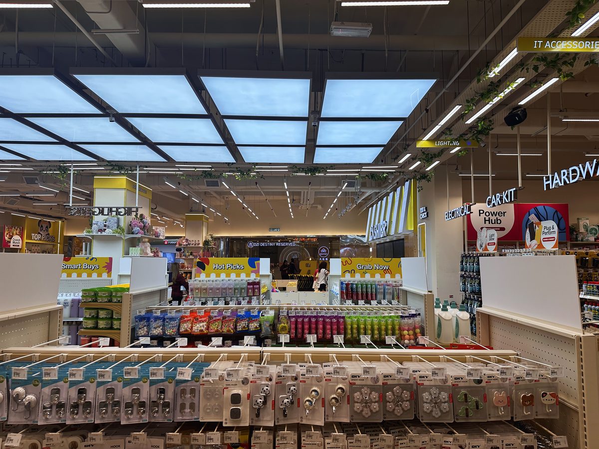Back-lit artificial skylight ceiling at MR D.I.Y Queensbay